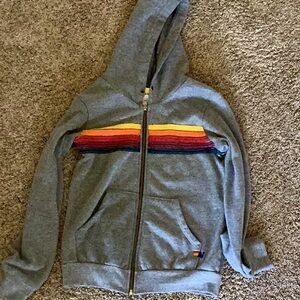 Gray Hoodie with Multicolor Stripe